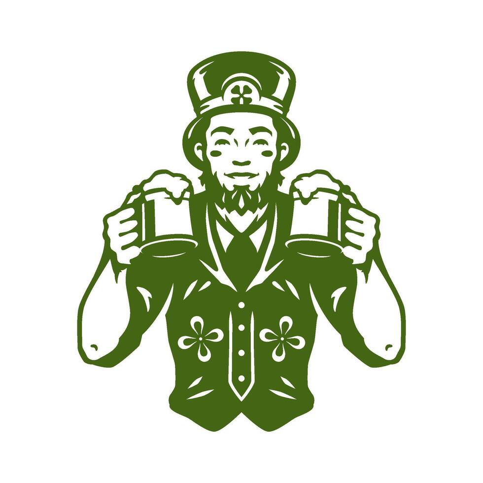 st Patrick giorno irlandesi maschio fata nel cappello con Saluti schiumoso birra boccale Vintage ▾ icona vettore piatto