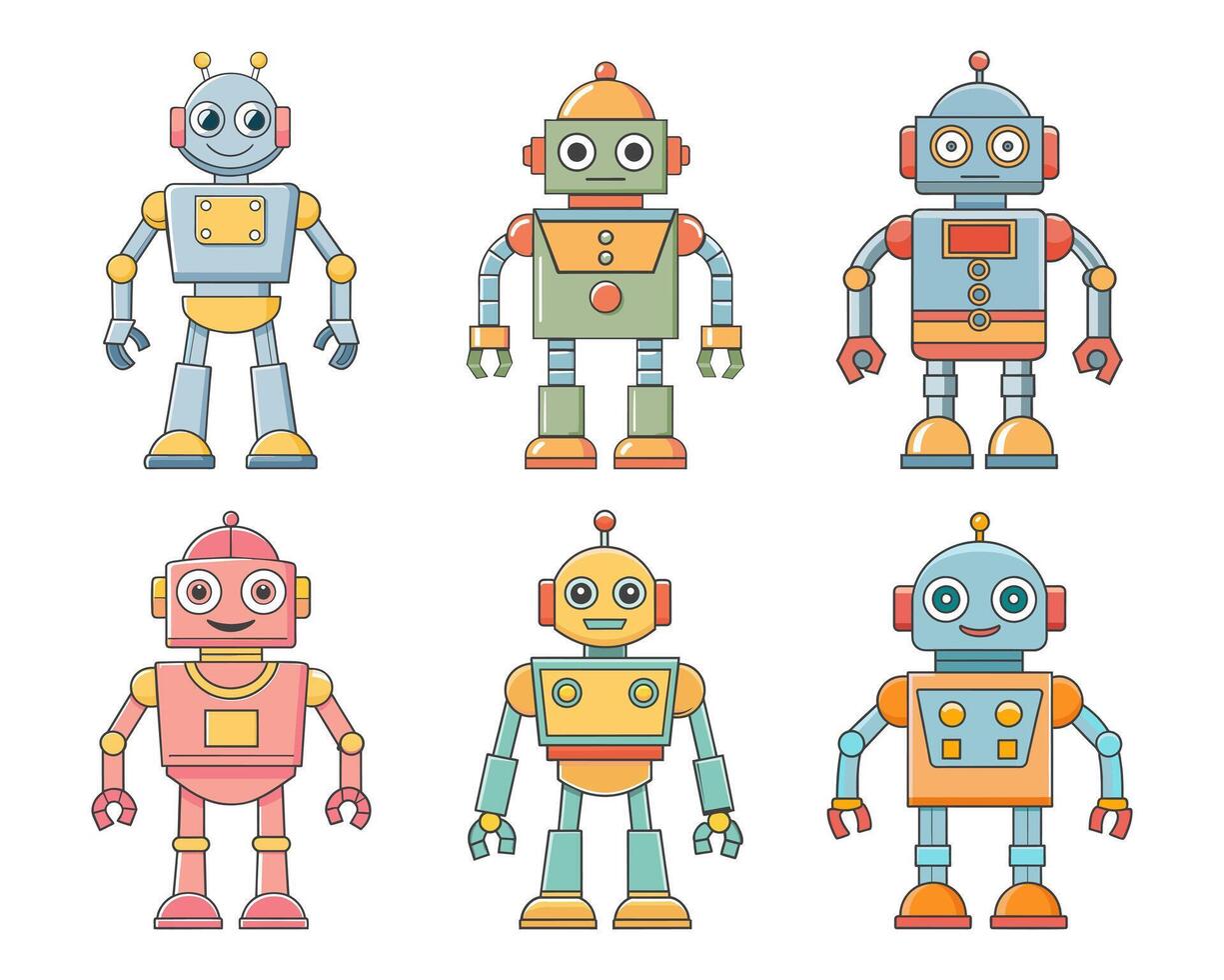 collezione di cartone animato personaggi robot e droidi. adorabile figli di cartone animato kawaii, carino divertente robot, pastello colori. impostato vettore