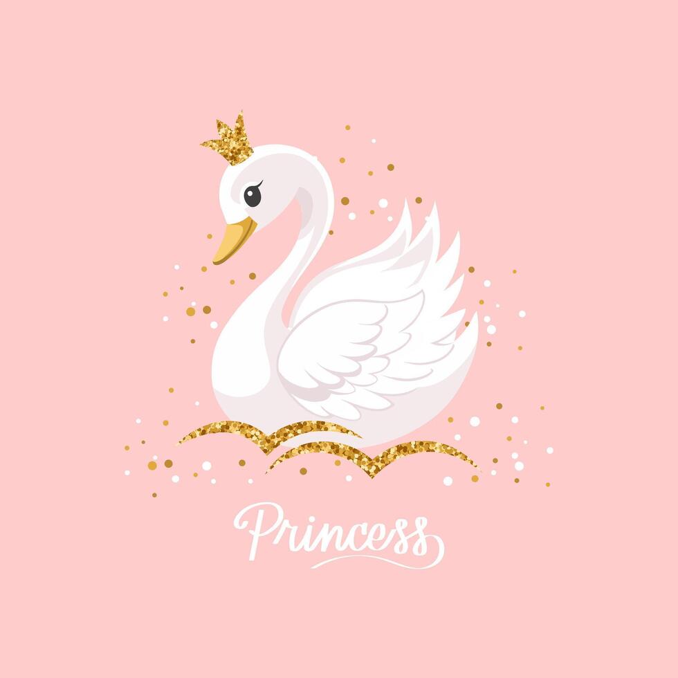 poco cigno Principessa con un' d'oro corona su un' rosa sfondo. carino illustrazione per moda Stampa, saluto carte, asilo Camera da letto decorazione. vettore