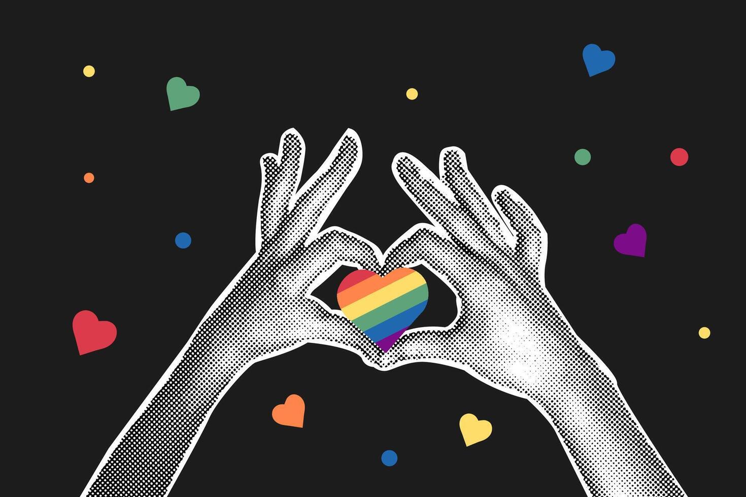 di moda mezzitoni collage su buio sfondo. cuore sagomato mani con cuore sagomato lgbt emblema. Genere, diversità, unità concetto. piatto illustrazione per manifesto, cartolina, striscione, etichetta. vettore