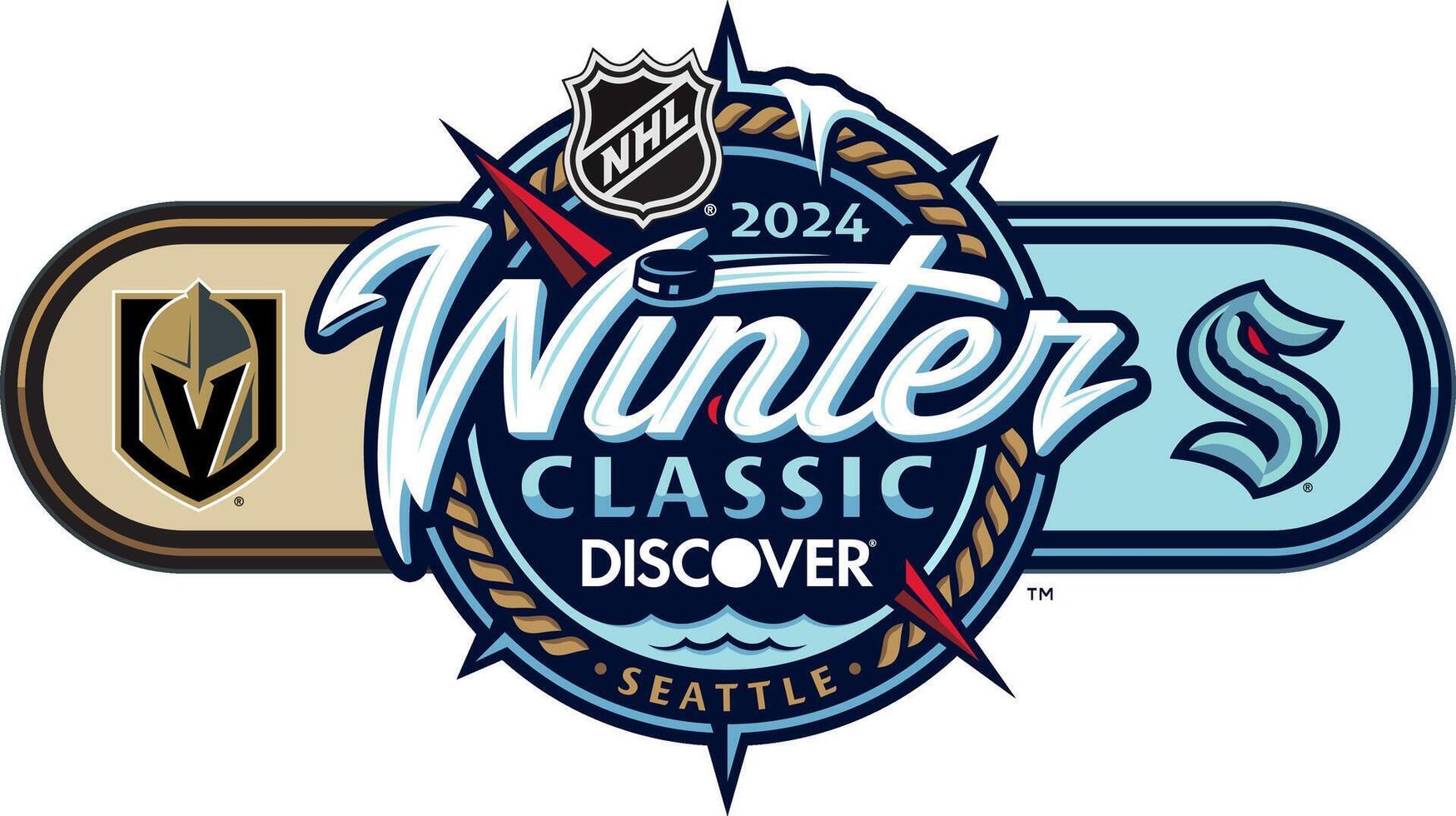 logo di il logo di il nhl 2024 inverno classico. vegas d'oro aquilone contro Seattle kraken vettore