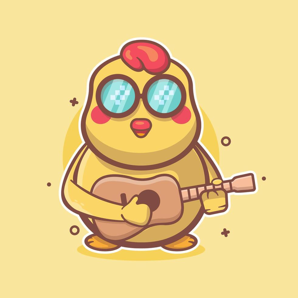 freddo pulcino animale cartone animato personaggio portafortuna giocando chitarra nel piatto stile design vettore