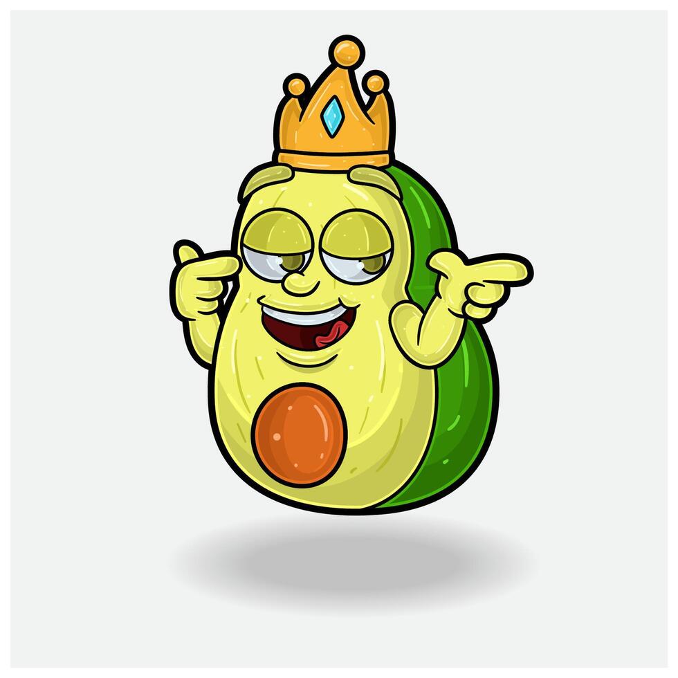 compiaciuto espressione con avocado frutta corona portafortuna personaggio cartone animato. vettore
