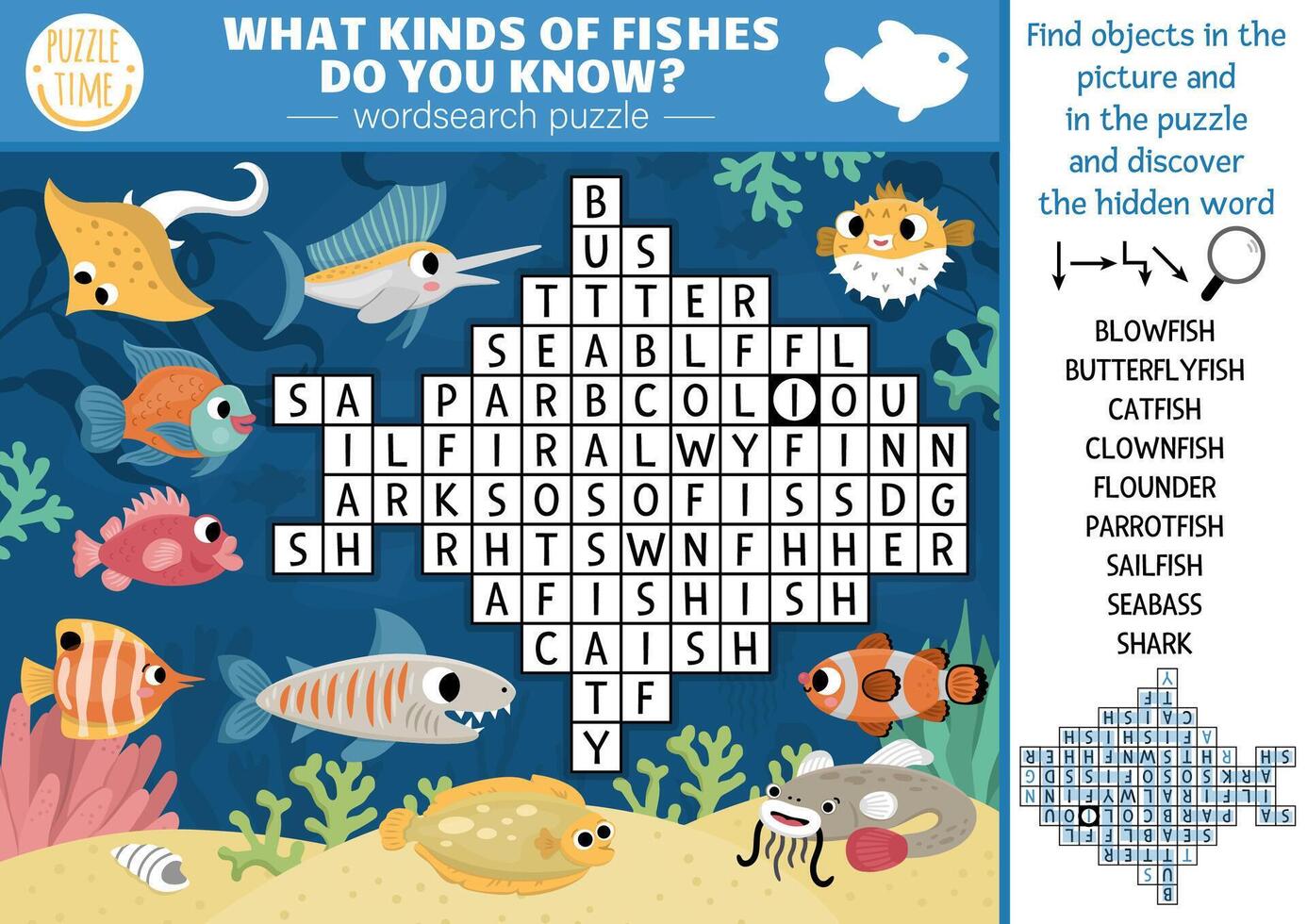 sotto il mare parola ricerca puzzle per bambini. semplice oceano vita parola ricerca quiz per bambini. acqua animali e pesce educativo attività. che cosa tipi di Pesci fare voi conoscere vettore