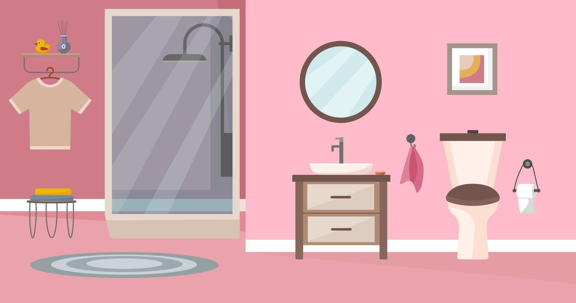 bagno interno, moderno bagno con doccia, gabinetto, Lavello e specchio. illustrazione nel piatto stile. interno concetto. casa e interno arredamento. vettore