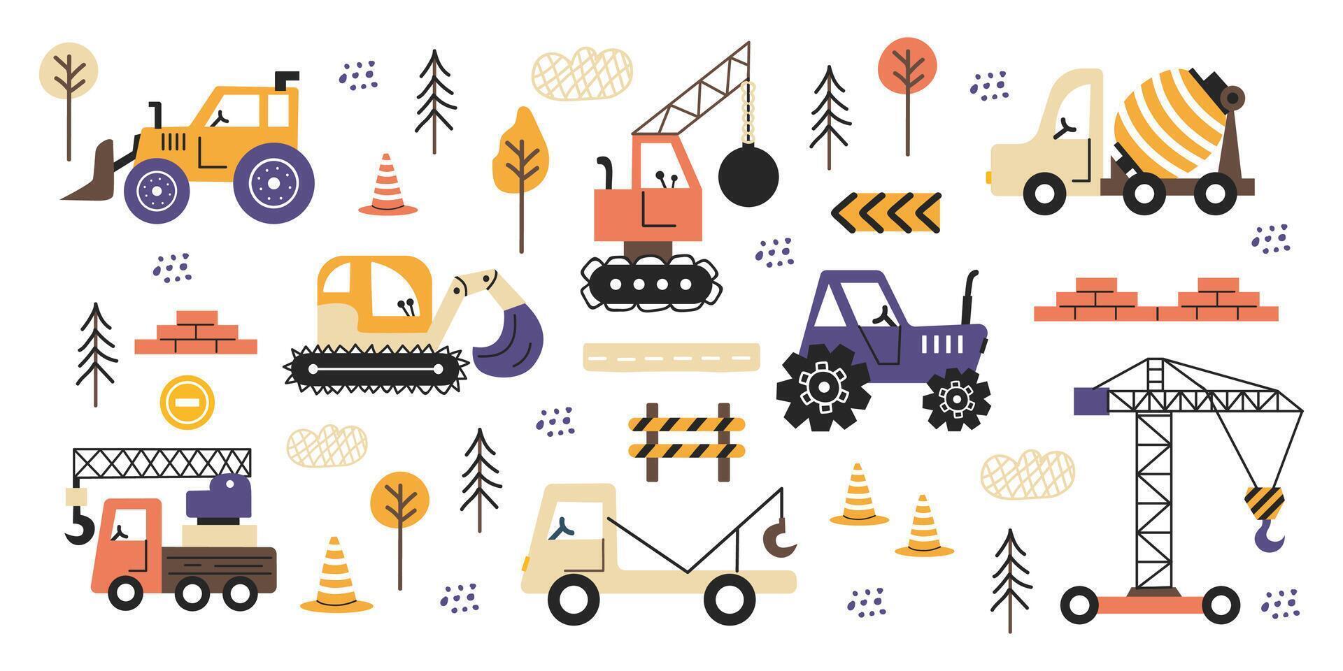 grande impostato di carino macchine, strada segni. mano disegnato scavatori - trattore, calcestruzzo impastatrice, carico gru, bulldozer, escavatore. strada segni, alberi. colorato piatto illustrazioni isolato su bianca sfondo. vettore