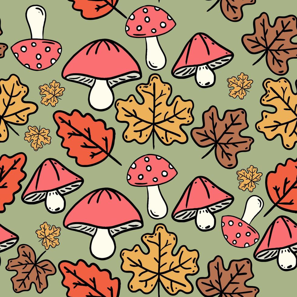 senza soluzione di continuità modello con il tema di autunno, funghi e asciutto le foglie può essere Usato per Stampa su tessuto, sfondo, digitale decorazione, vettore