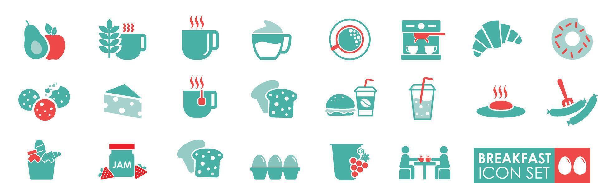 prima colazione e mattina icona impostare. solido icona stile. contiene uova, caffè, marmellata, biscotti, e frutta, illustrazioni. vettore
