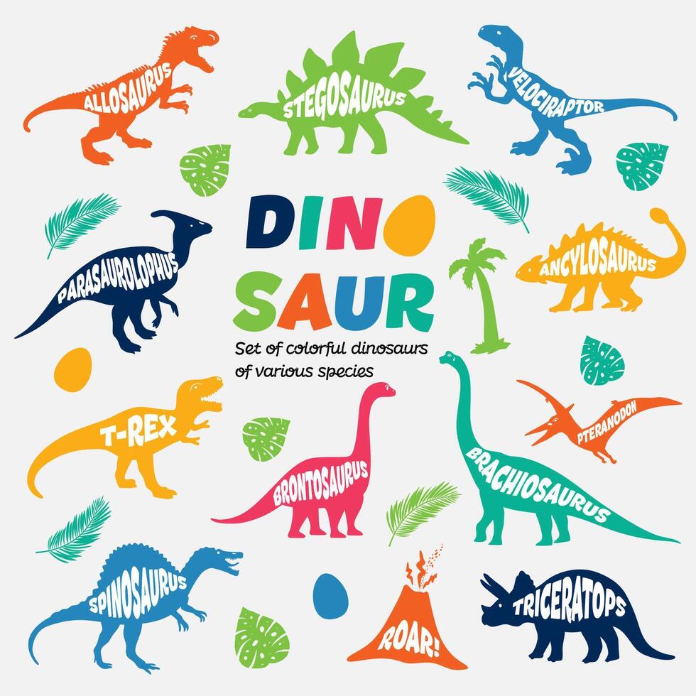 dinosauro colore impostare. dinosauri su bianca sfondo. tiranosauro rex, stegosauro, brachiosauro, triceratopo, e pterodattillo cartoni animati. vettore