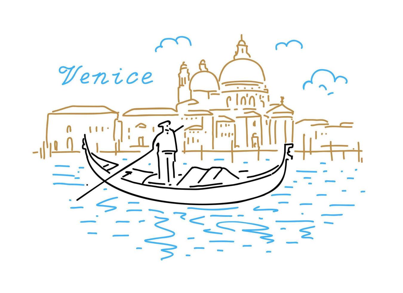 architettura di Venezia con un' gondola su il acqua. mano disegnato lineare illustrazione vettore