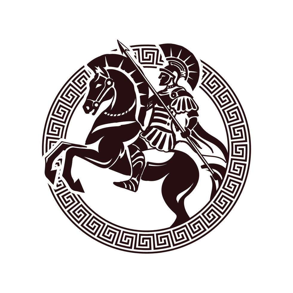 retrò Vintage ▾ greco sparta spartano groppa cavaliere guerriero con moneta ornamento forma vettore