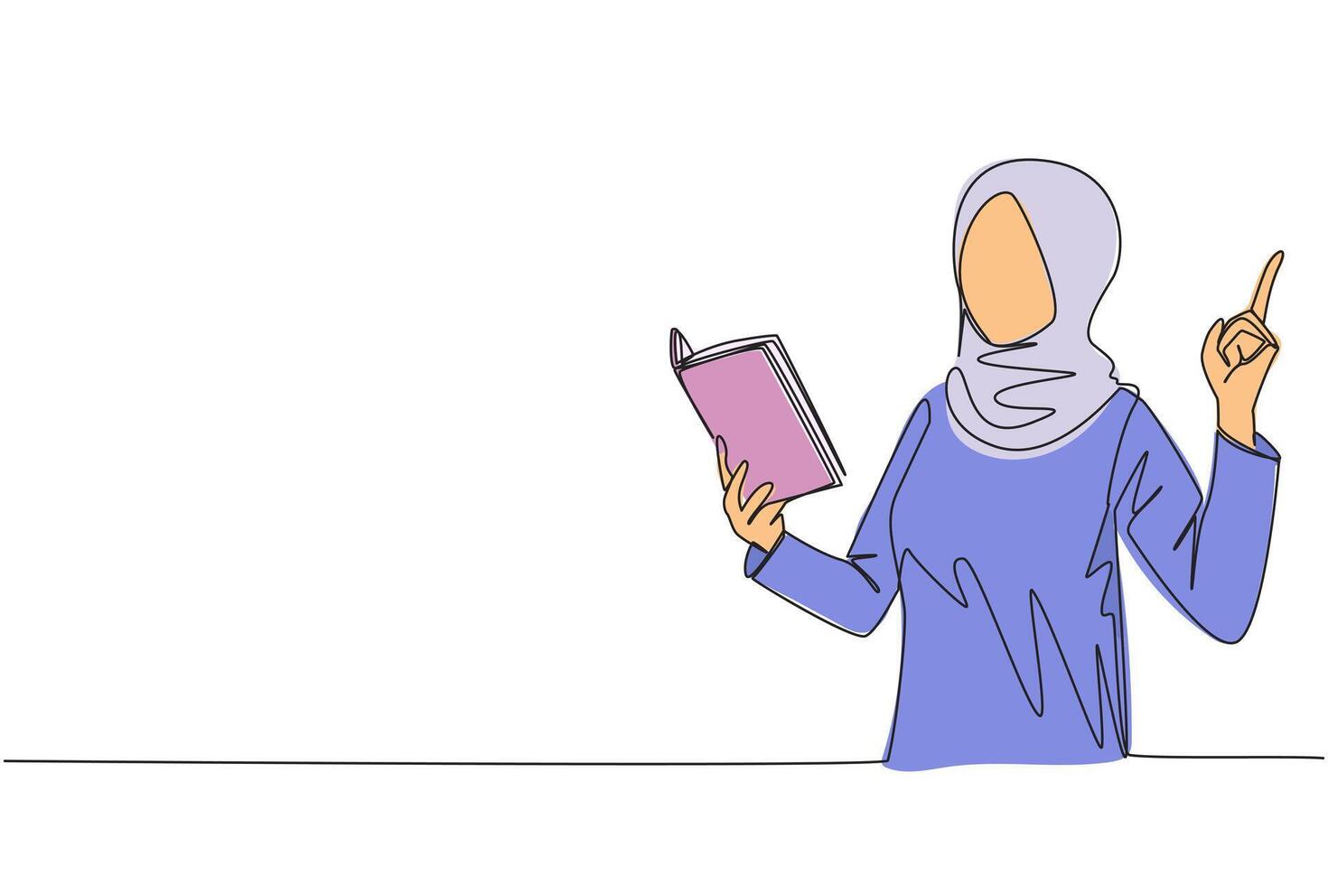 singolo uno linea disegno arabo donna in piedi lettura libro. gesto prende idea. libro può vedere a partire dal diverso punti di Visualizza. brillante idea a partire dal lettura libro. continuo linea design grafico illustrazione vettore