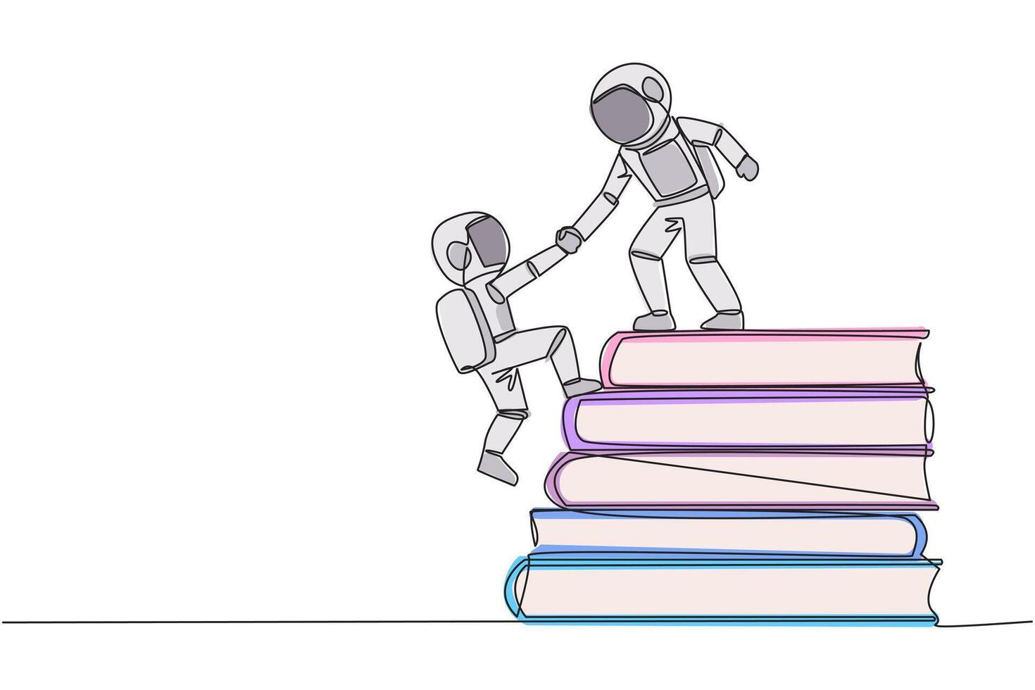 singolo uno linea disegno astronauta Aiuto compagno scalata mucchio di libri. concetto di porzione ogni altro per successo insieme. conoscenza fonte libro. libro Festival. continuo linea design grafico illustrazione vettore