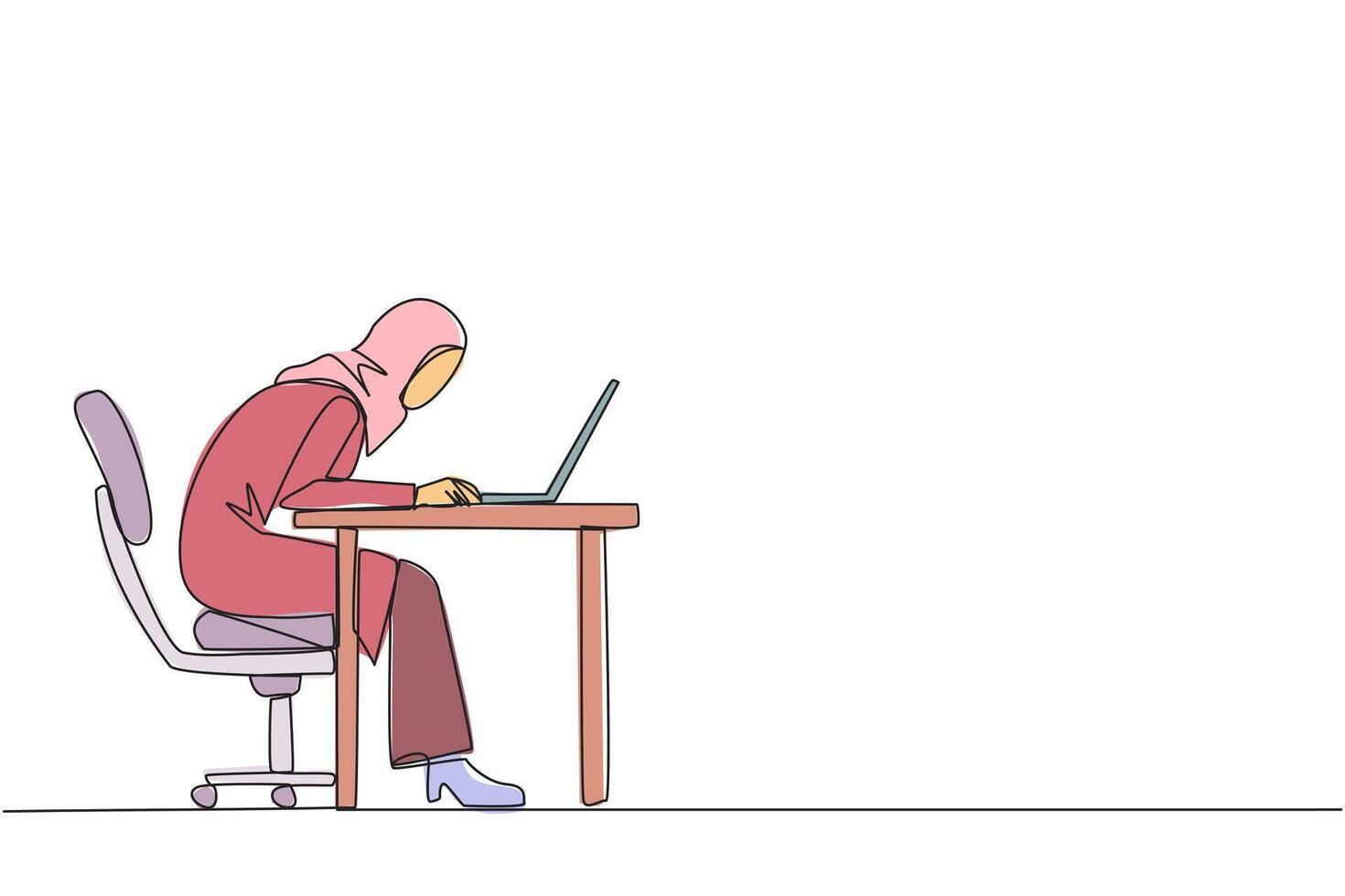 singolo uno linea disegno arabo donna d'affari seduta e digitando su il computer portatile computer. opera difficile per raggiungere massimo previsto risultati. col tempo e opera inteligente. continuo linea design grafico illustrazione vettore