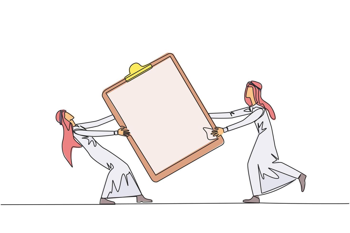 singolo uno linea disegno Due arrabbiato arabo uomo d'affari combattente al di sopra di clipboard. utile per rendere esso Più facile per dai un'occhiata rapporti. uomo d'affari conflitto. aggressivo. continuo linea design grafico illustrazione vettore