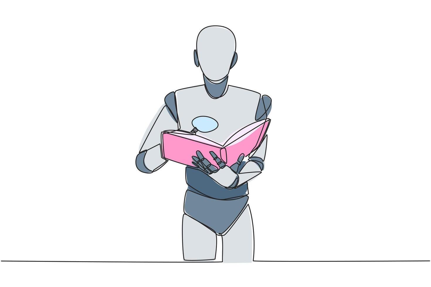 singolo continuo linea disegno inteligente robot lettura libro mentre Tenere un' lente d'ingrandimento. piccolo lettere quello robot non può riconoscere senza Strumenti. guardare per qualche cosa. uno linea design illustrazione vettore