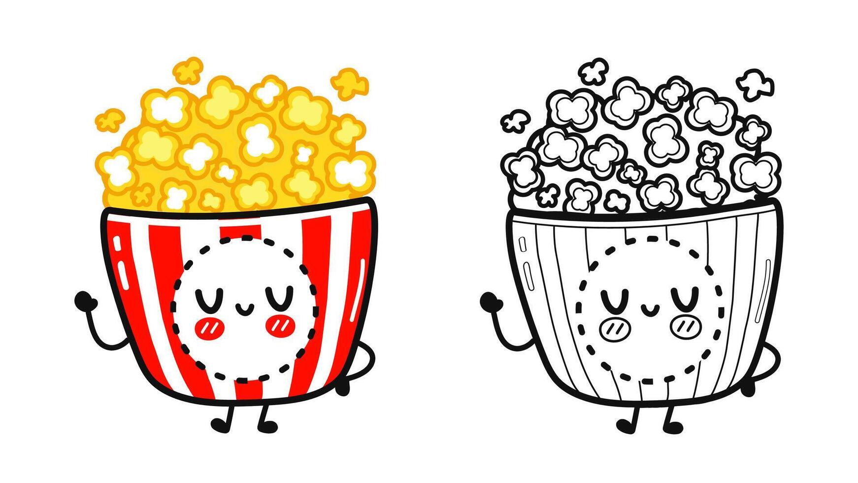 divertente carino contento Popcorn personaggi fascio impostare. mano disegnato cartone animato kawaii personaggio illustrazione icona. carino Popcorn. schema cartone animato illustrazione per colorazione libro vettore