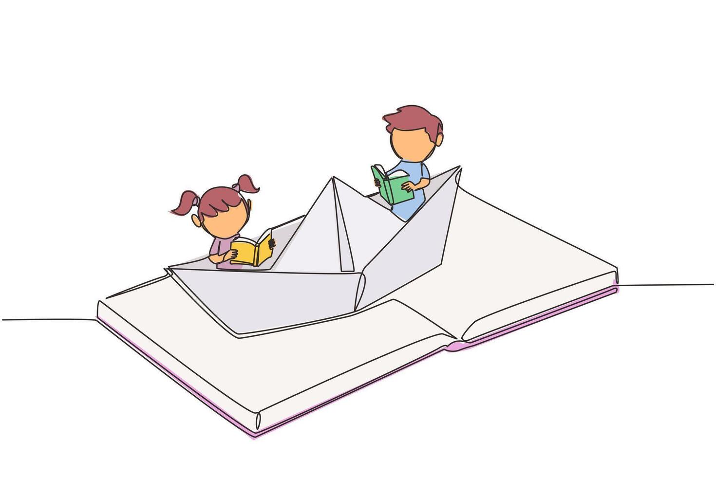 singolo uno linea disegno il bambini lettura un' libro su carta barca. mantenere il bene abitudini. il metafora di lettura può Esplorare oceani. libro Festival concetto. continuo linea design grafico illustrazione vettore