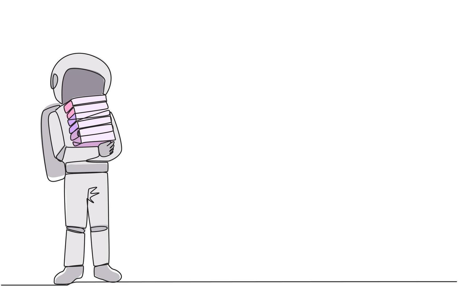 singolo uno linea disegno astronauta in piedi abbraccio alcuni libri. preferito libro quello finire lettura. alcuni libri volontà essere donato per nazionale biblioteca. beneficenza. conoscenza. continuo linea grafico illustrazione vettore