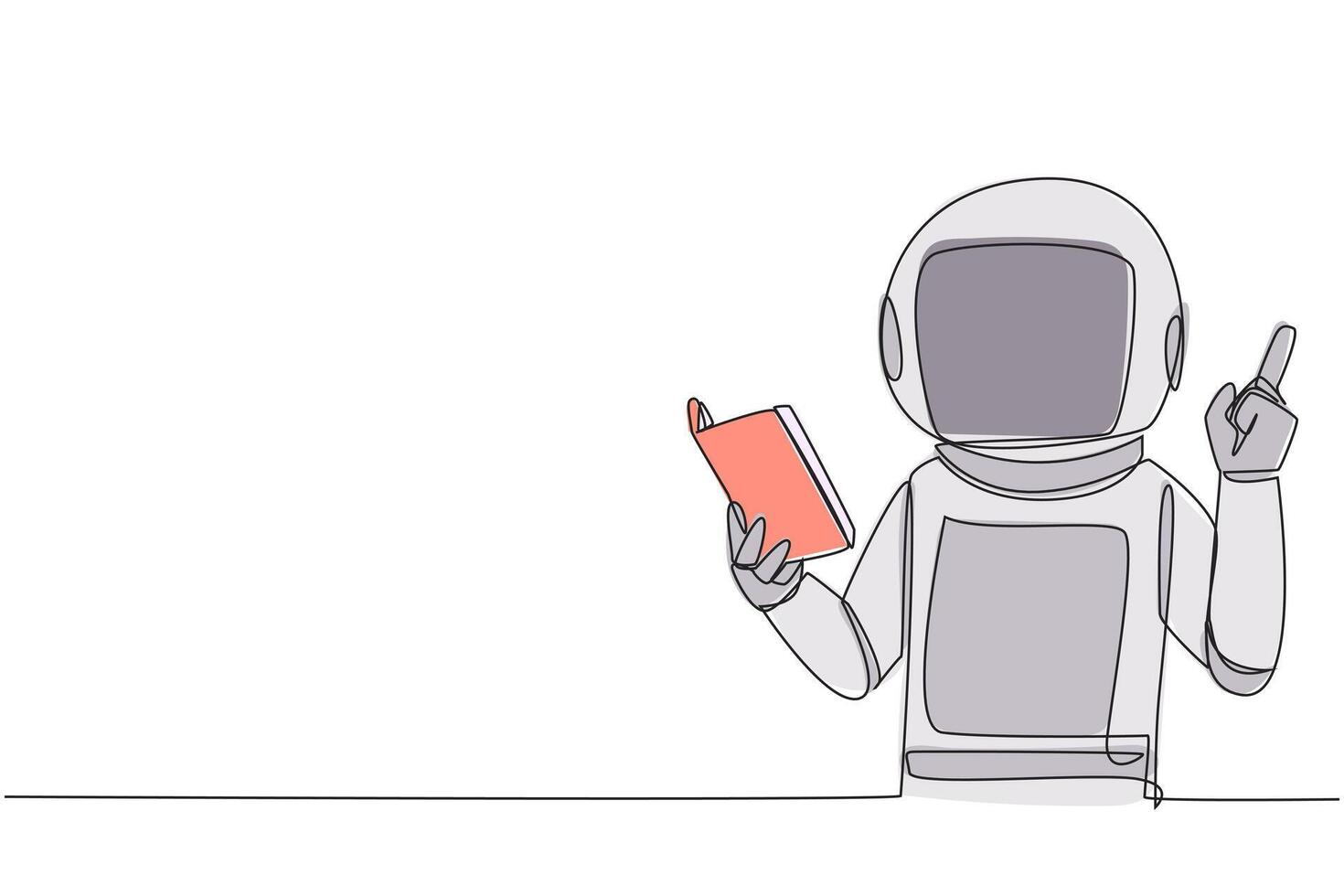 singolo continuo linea disegno astronauta in piedi lettura libro. gesto prende idea. libro può vedere a partire dal diverso punti di Visualizza. brillante idea a partire dal lettura libro. uno linea design illustrazione vettore