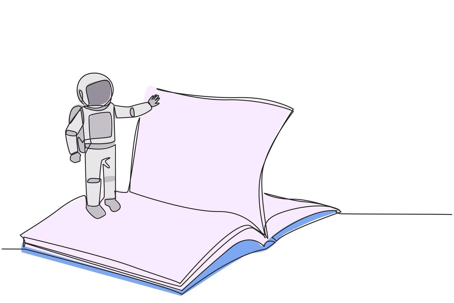 continuo uno linea disegno astronauta in piedi al di sopra di Aperto libro mastro svolta pagina. leggere lentamente per capire Contenuti di ogni pagina. lettura aumenta intuizione. singolo linea disegnare design illustrazione vettore