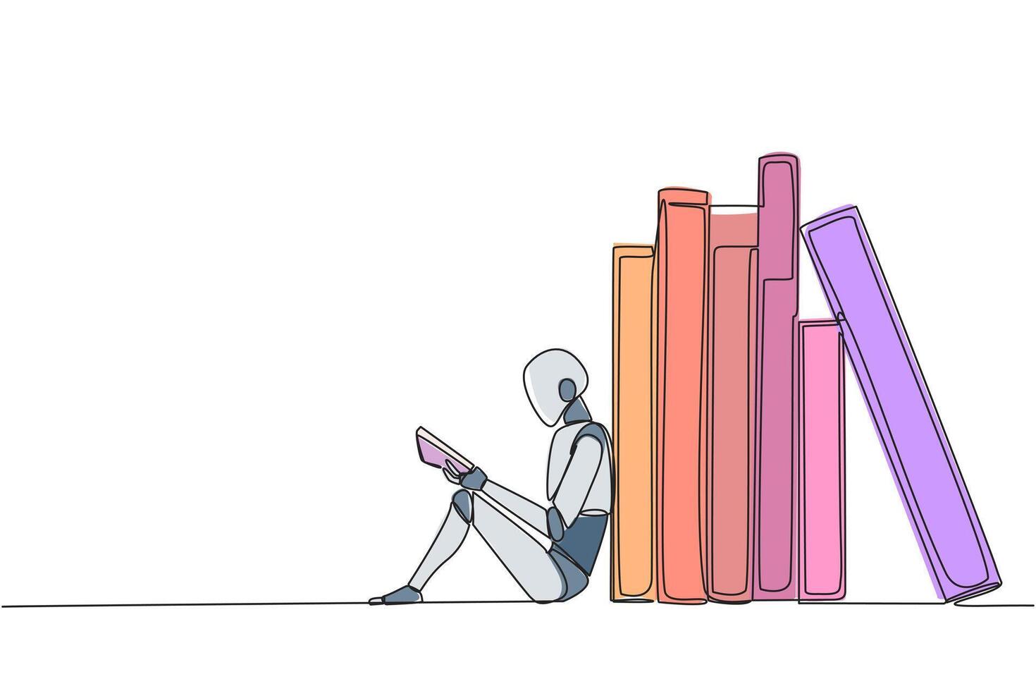 singolo continuo linea disegno robot lettura seduta pendente contro mucchio di libri. abitudine di lettura libro ogni giorno. biblioteca. bene abitudine. libro Festival concetto. uno linea design illustrazione vettore