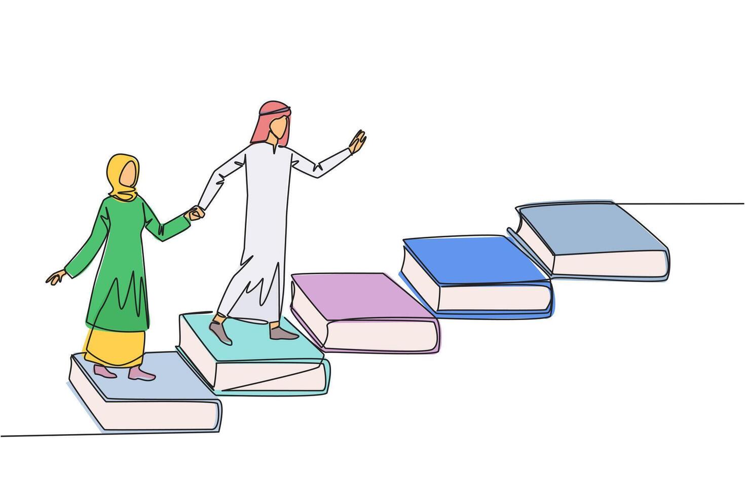 continuo uno linea disegno arabo uomo donna scalata le scale a partire dal libri. lettura aumenta conoscenza quale può aumentare dignità di meglio vita. libro Festival concetto. singolo linea design illustrazione vettore