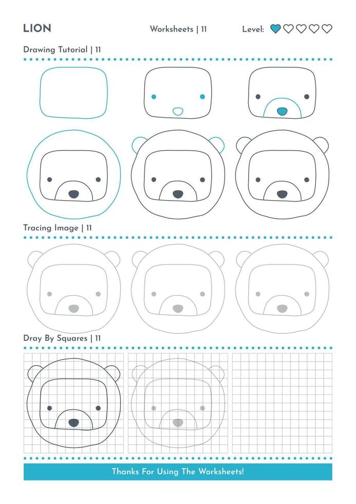 Come per disegnare scarabocchio animale Leone, cartone animato personaggio passo di passo disegno tutorial. attività fogli di lavoro per bambini vettore