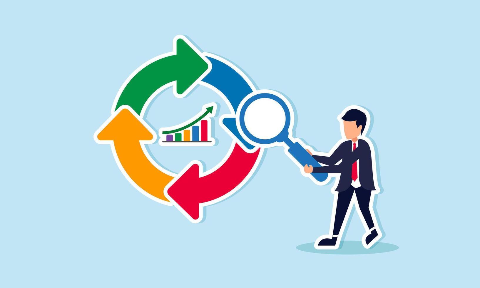 economico ciclo studi azione mercato fluttuazioni, analizzando boom, recessioni, e marketing dati, concetto di uomo d'affari esamina economico ciclo con lente d'ingrandimento vettore