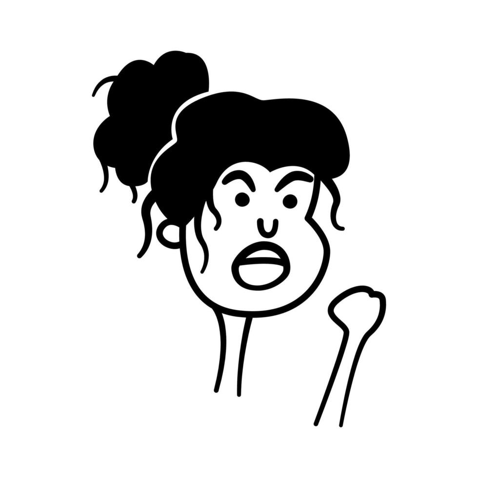 cartone animato comico nero e bianca ritratto di un' donna. divertente emotivo viso di un' ragazza. la rabbia, urlando, risentimento e minacce. semplice minimo illustrazione per stampa su un' maglietta. elemento, clipart vettore