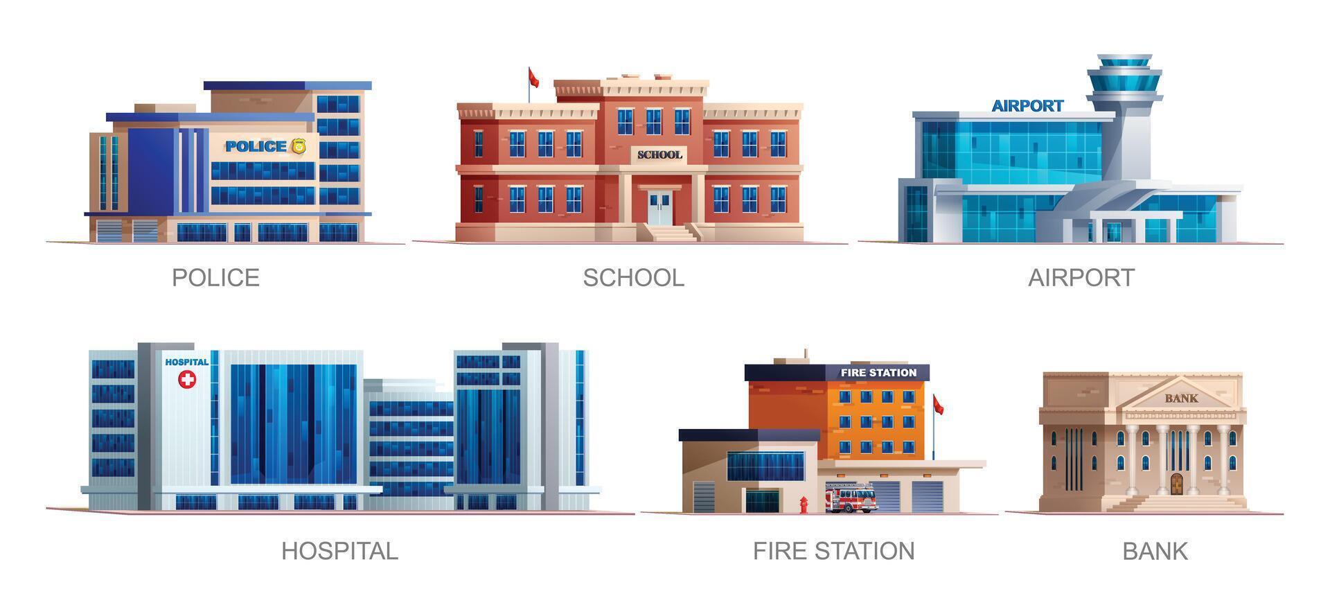 impostato di città edifici illustrazione. polizia stazione, scuola, aeroporto, Ospedale, fuoco stazione e banca vettore