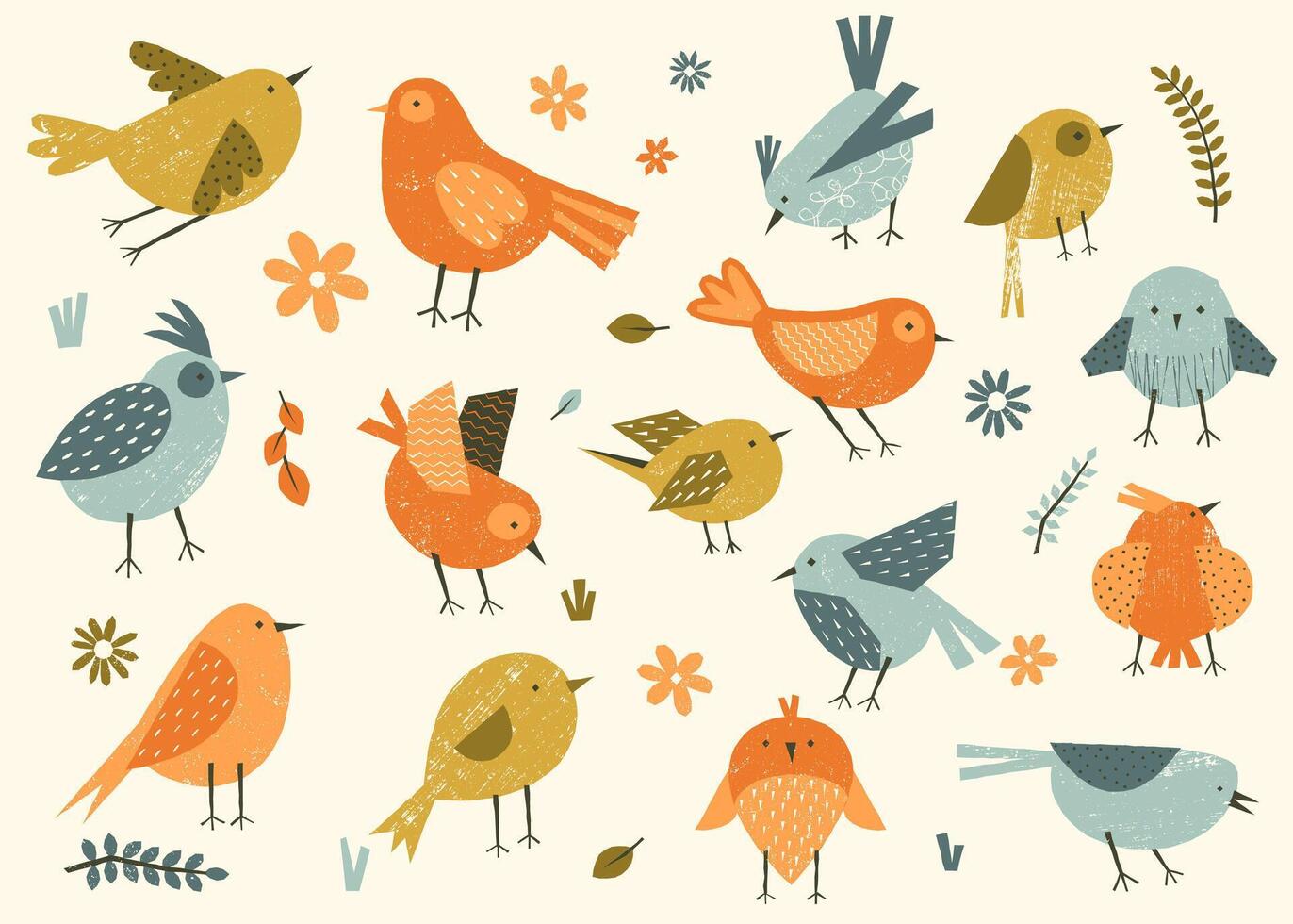 carino uccelli con floreale elementi. cartone animato colorato primavera estate personaggi, contento colorato volante animali con fiori. isolato impostato vettore