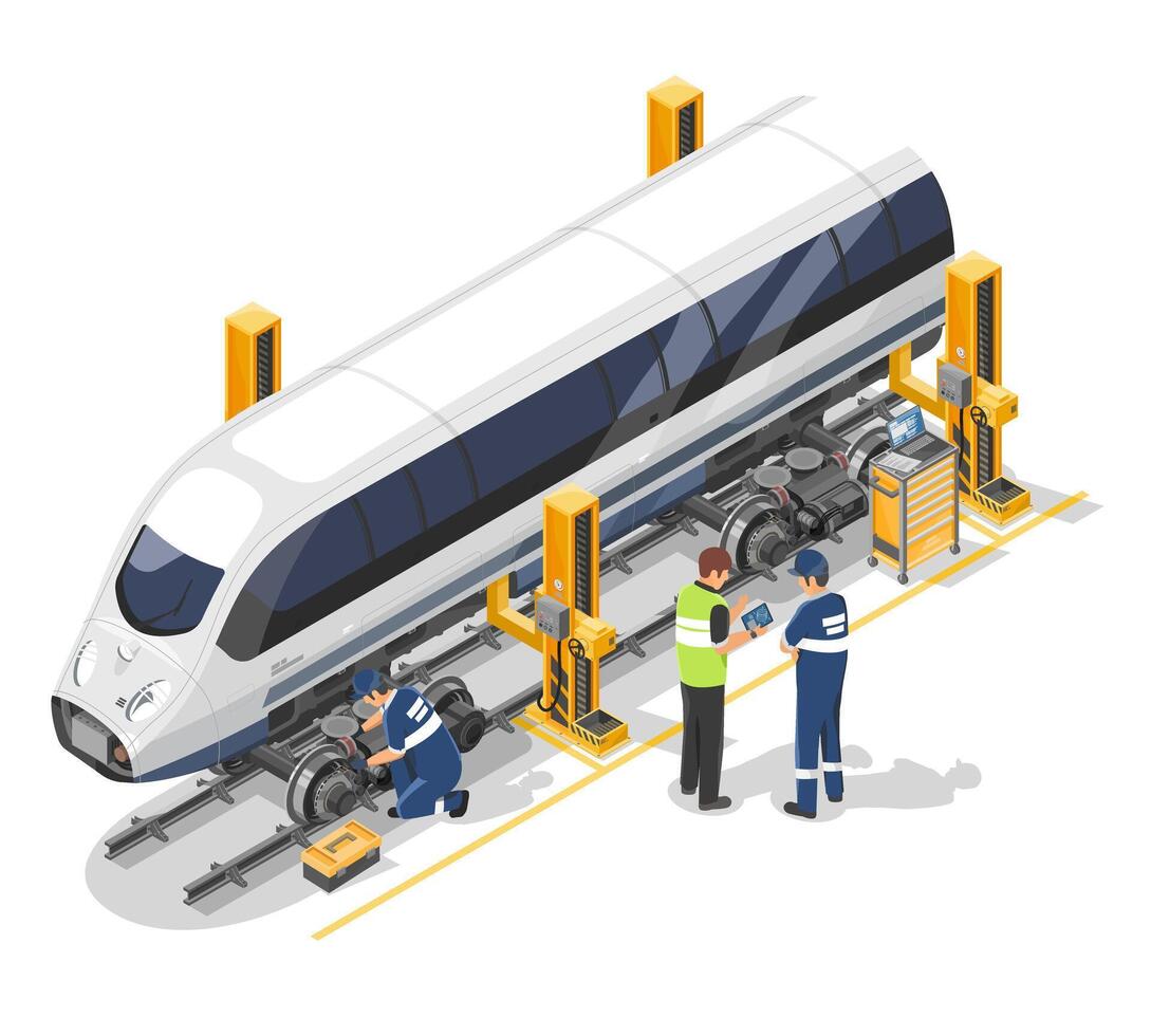 elettrico treno Manutenzione concetto ingegnere e meccanico opera insieme nel box auto stazione isometrico isolato vettore