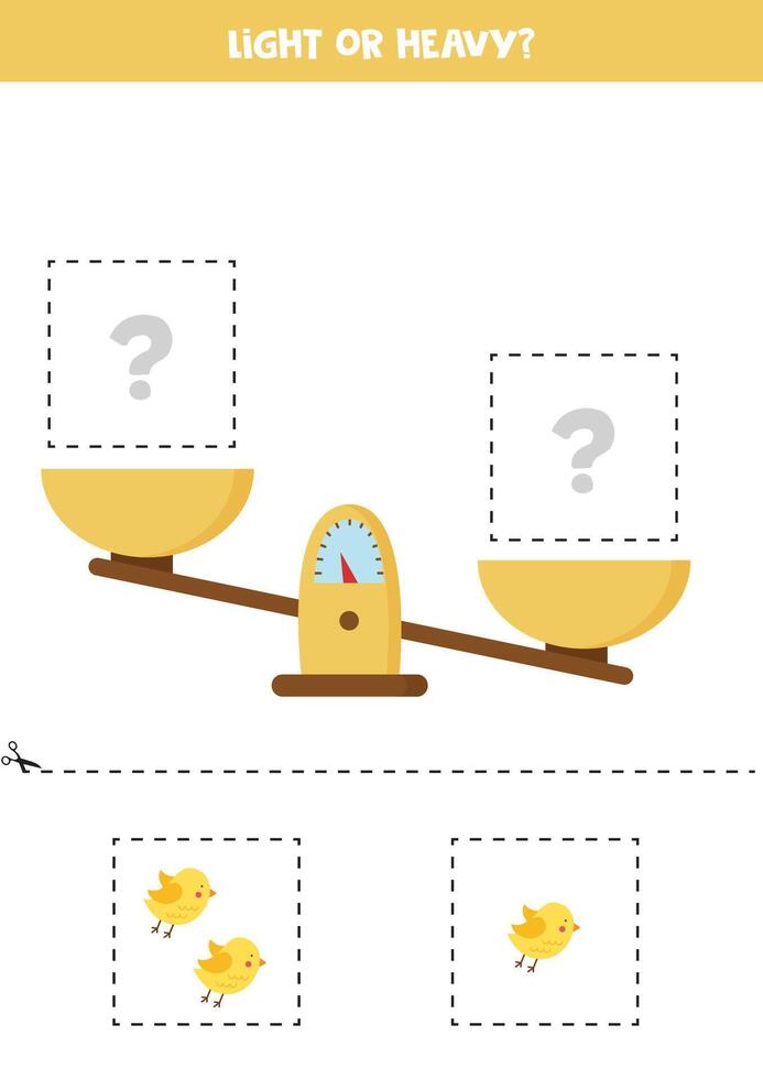 leggero, pesante o uguale. ritaglia le immagini sottostanti e incollale sulla scatola giusta. vettore