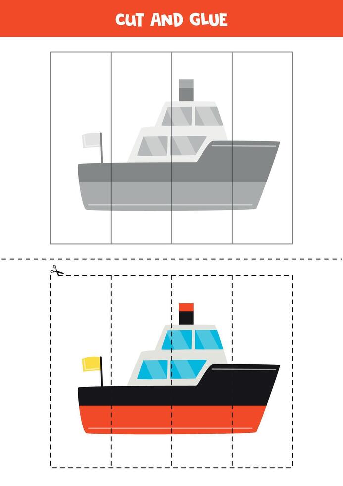tagliare e colla gioco per bambini. carino cartone animato nave o barca. vettore