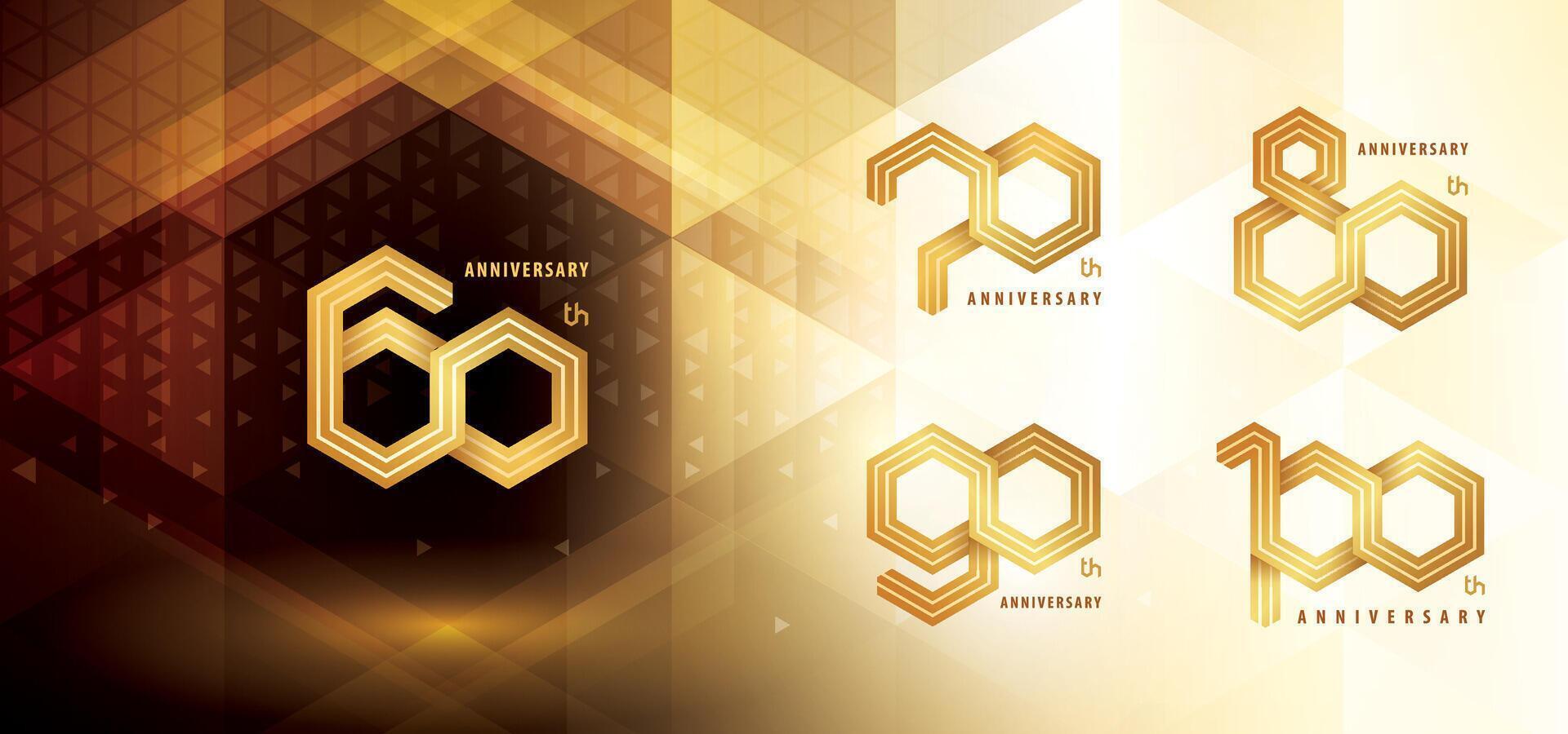 impostato di 60 per 100 anni anniversario logotipo disegno, sessanta per centinaio anni anniversario celebrazione. astratto esagono infinito tre Linee logo, 60,70,80,90,100 anni logo d'oro vettore