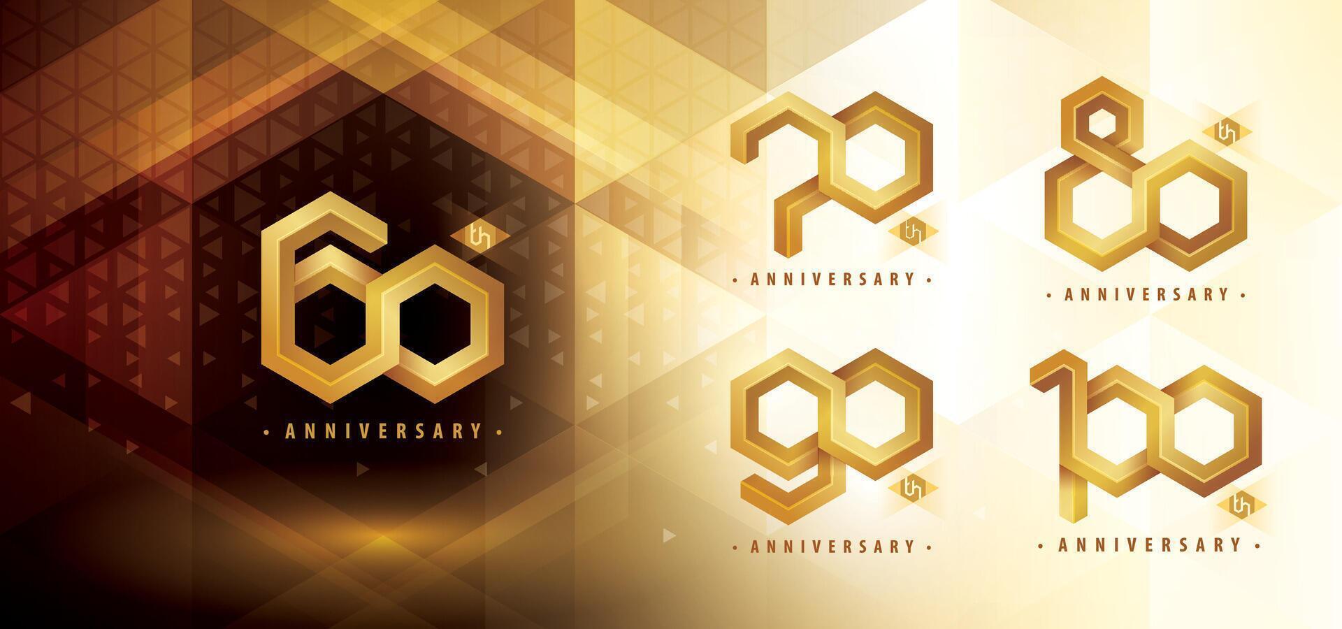 impostato di 60 per 100 anni anniversario logotipo disegno, sessanta per centinaio anni anniversario celebrazione. astratto esagono infinito rilievo logo, 60,70,80,90,100 anni logo d'oro vettore