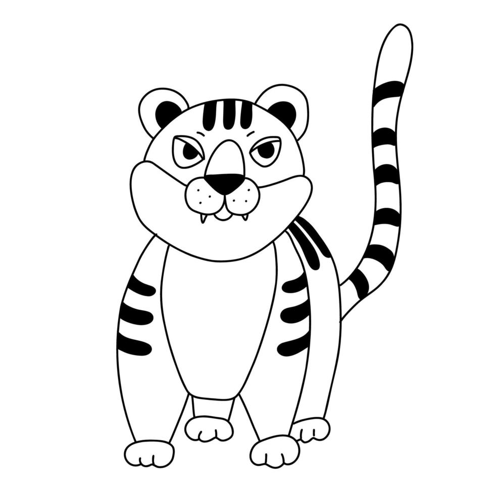 illustrazione disegnata a mano di doodle della tigre isolata su priorità bassa bianca. illustrazione per bambini, contorno nero. vettore