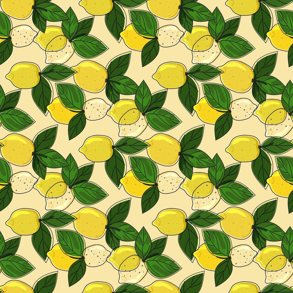 tropicale senza soluzione di continuità sfondo con giallo limoni. mano disegnato limoni ripetendo sfondo nel scarabocchio stile.design per stampa su tessuti, vacanza e confetteria confezione, sfondo, confezione vettore