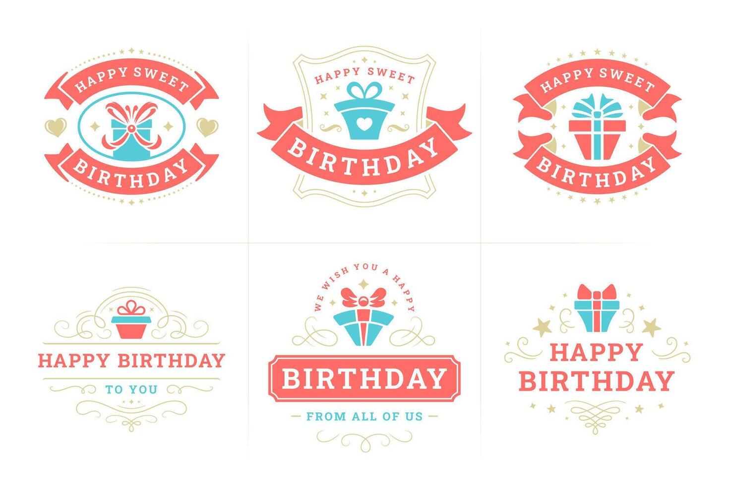 contento compleanno etichette e badge impostato per saluto carte piatto illustrazione vettore