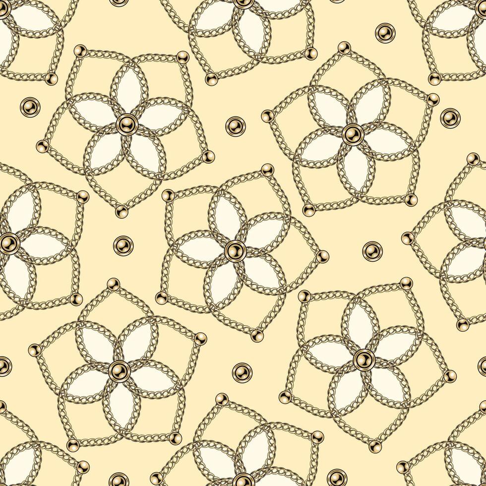 modello con Giappone stile fiori. fiore sagomato geometrico le forme con realistico oro Catene, perline. illustrazione nel Vintage ▾ stile vettore