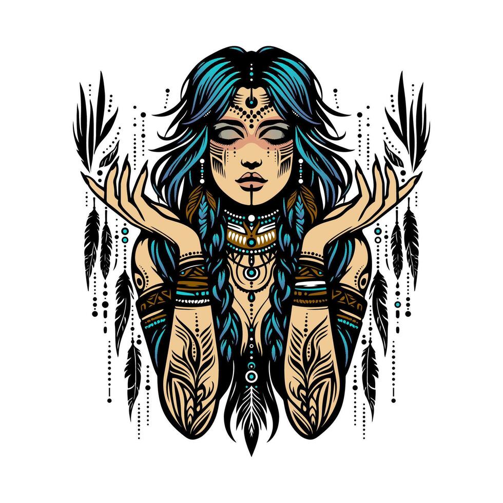bellissimo sciamano donna ritratto nel tribale illustrazione, spirituale essenza, mistico Magia di indigeno cultura, etnico eleganza. ritratto di un' sciamanico signora per cartolina, abbigliamento, t camicia vettore