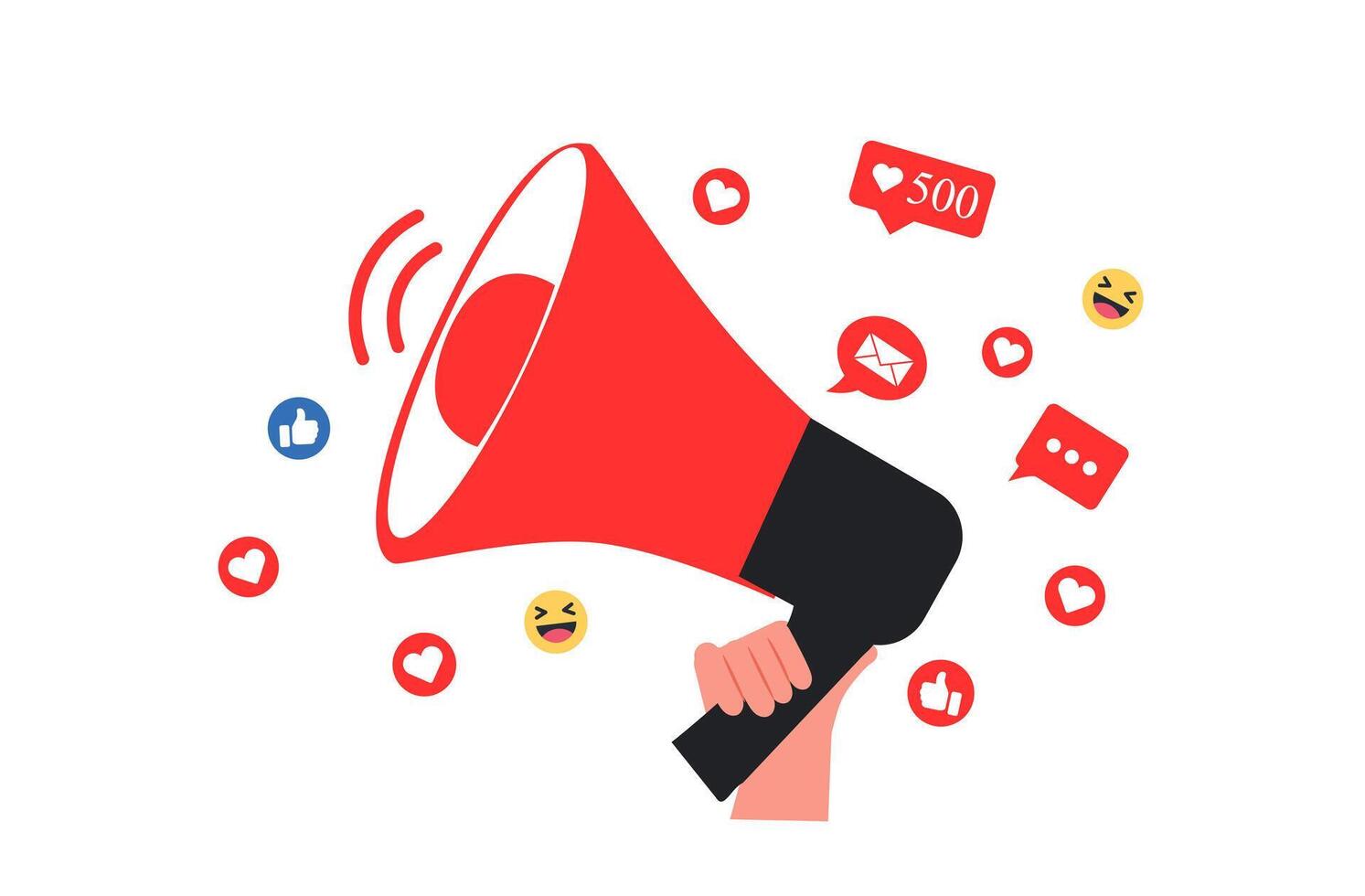 mano Tenere forte altoparlante con sociale media icone. influencer sociale media marketing, vlogger, youtuber, sociale influencer e influencer marketing concetto vettore