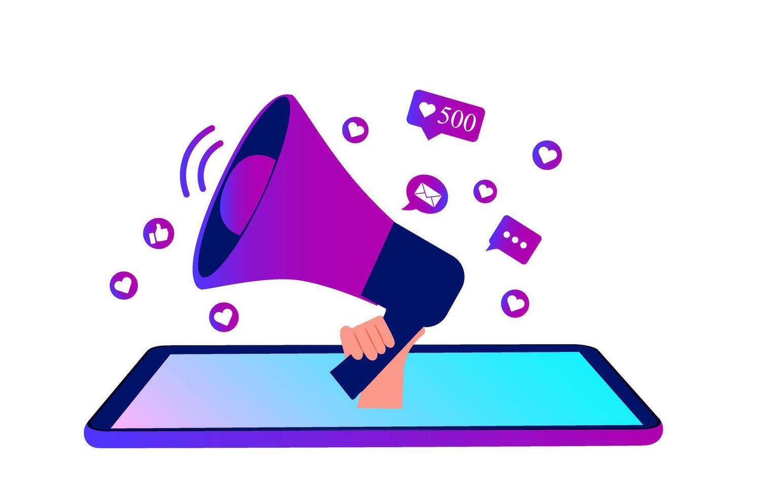 mano Tenere forte altoparlante con sociale media icone. influencer sociale media marketing, vlogger, youtuber, sociale influencer e influencer marketing concetto vettore