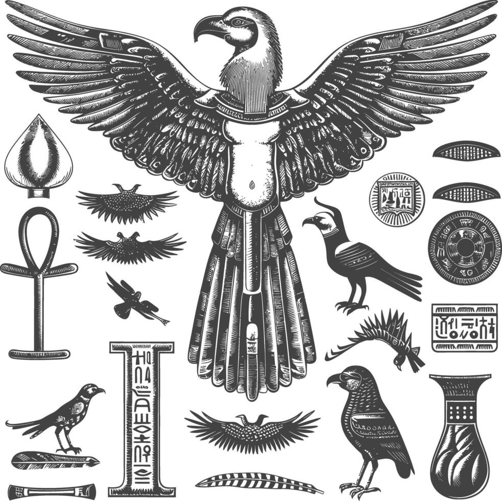 antico Egitto egiziano geroglifico simbolo immagini utilizzando vecchio incisione stile corpo nero colore solo vettore