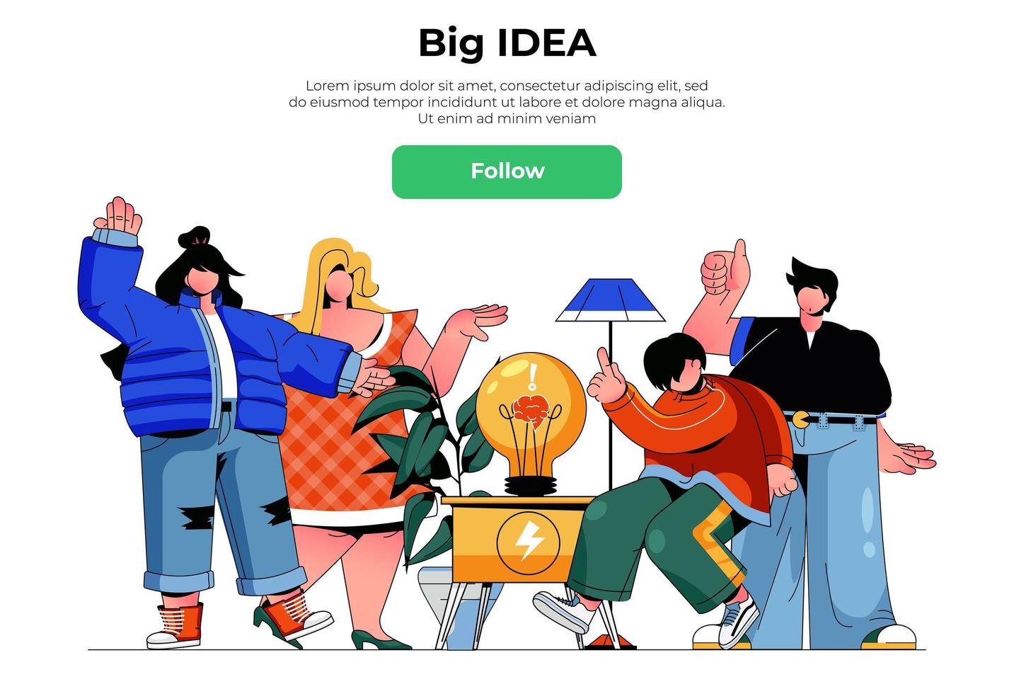 concetto di banner web grande idea. team che lavora insieme in affari, crea una strategia di successo, genera idee, crea un modello di pagina di destinazione di brainstorming. illustrazione vettoriale con scena di persone in design piatto