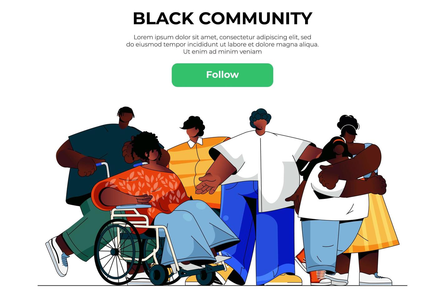 concetto di banner web della comunità nera. uomini e donne africani che stanno insieme, gruppo etnico con persona, modello di pagina di destinazione della diversità. illustrazione vettoriale con scena di persone in design piatto