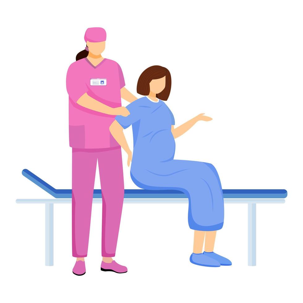 ostetrica e donna incinta piatto illustrazione vettoriale. parto in ospedale. ginecologo, ostetrico con paziente. assistenza prenatale. dottore in rosa uniforme personaggi dei cartoni animati isolati su bianco vettore