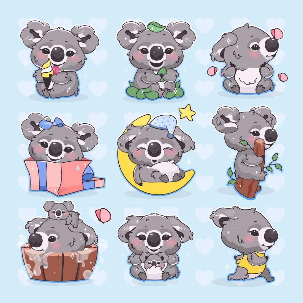 set di caratteri vettoriali simpatico cartone animato koala kawaii. adorabile e divertente animale sorridente che corre, dorme, fa il bagno e mangia adesivi isolati, confezione di toppe. anime baby koala su sfondo blu