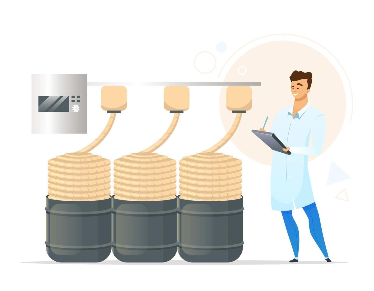 illustrazione vettoriale di colore piatto di produzione di filato. operaio di fabbrica di sesso maschile. produzione di filati per maglieria. corderia. uomo che controlla la qualità del prodotto. personaggio dei cartoni animati isolato su sfondo bianco